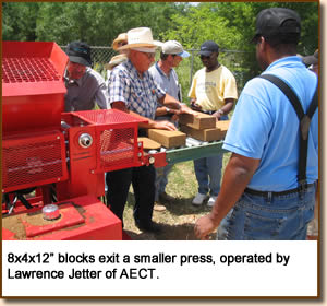 8x4x12" blocks exit a smaller press, operated by Lawrence Jetter of AECT