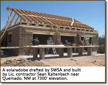 A solaradobe drafted by SWSA and under construction by Lic. contractor Sean Kaltenbach near Quemado, NM at 7300' elevation.