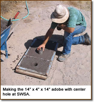 Making the 14” x 4” x 14” adobe with center hole at SWSA.